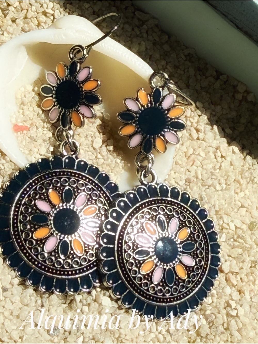 BOHO + Navy, Pink & Orange Floral Medallion Drop Earrings